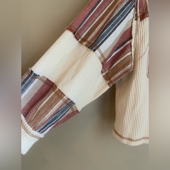 POL patchwork waffle knit button shirt top shacket cropped boho - Picture 2 of 7